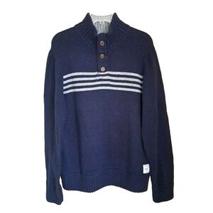 Aeropostale Sweater Men's XL Pullover Dark Blue Gray Striped Mock Neck 3 Button